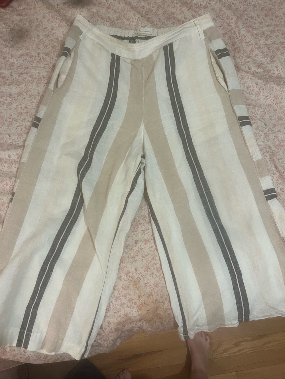 Anthropologie Beige, Cream & Gray Striped Wide-Leg Pants